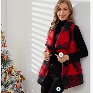 Plaid Lapel Open Front Vest with Pockets